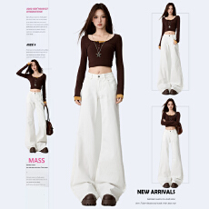 批发实拍高品质<b class='q'>女装</b>爆款白色弹力低腰阔腿喇叭裤九分长裤加长