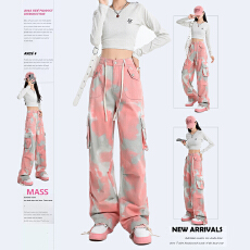 批发实拍高品质女装爆款工装<b class='q'>迷彩</b>粉色阔腿长<b class='q'>裤</b>XS-XL