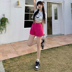 批发实拍高品质夏日多彩<b class='q'>糖果</b>系高腰卷边百搭<b class='q'>糖果</b>色a字短<b class='q'>裤</b>S-XL