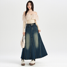 批发实拍高品质【牛仔鱼尾长裙】深怀旧蓝拼接中长裙超好看韩系 XS-XL