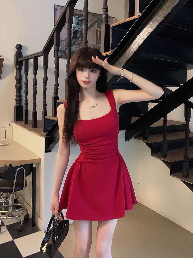 회화 솔루션 wahju 사랑 리 초기 일어나세요. 슬림해 보이는 허리 수축 여름 슬립 여성 드레스 품격 연령 감소 민소매 미니 스커트