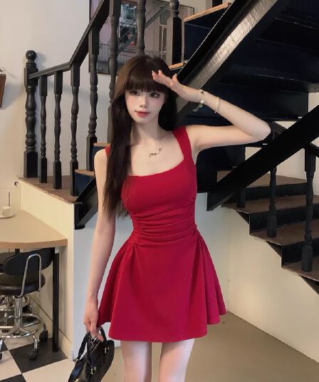 회화 솔루션 wahju 사랑 리 초기 일어나세요. 슬림해 보이는 허리 수축 여름 슬립 여성 드레스 품격 연령 감소 민소매 미니 스커트