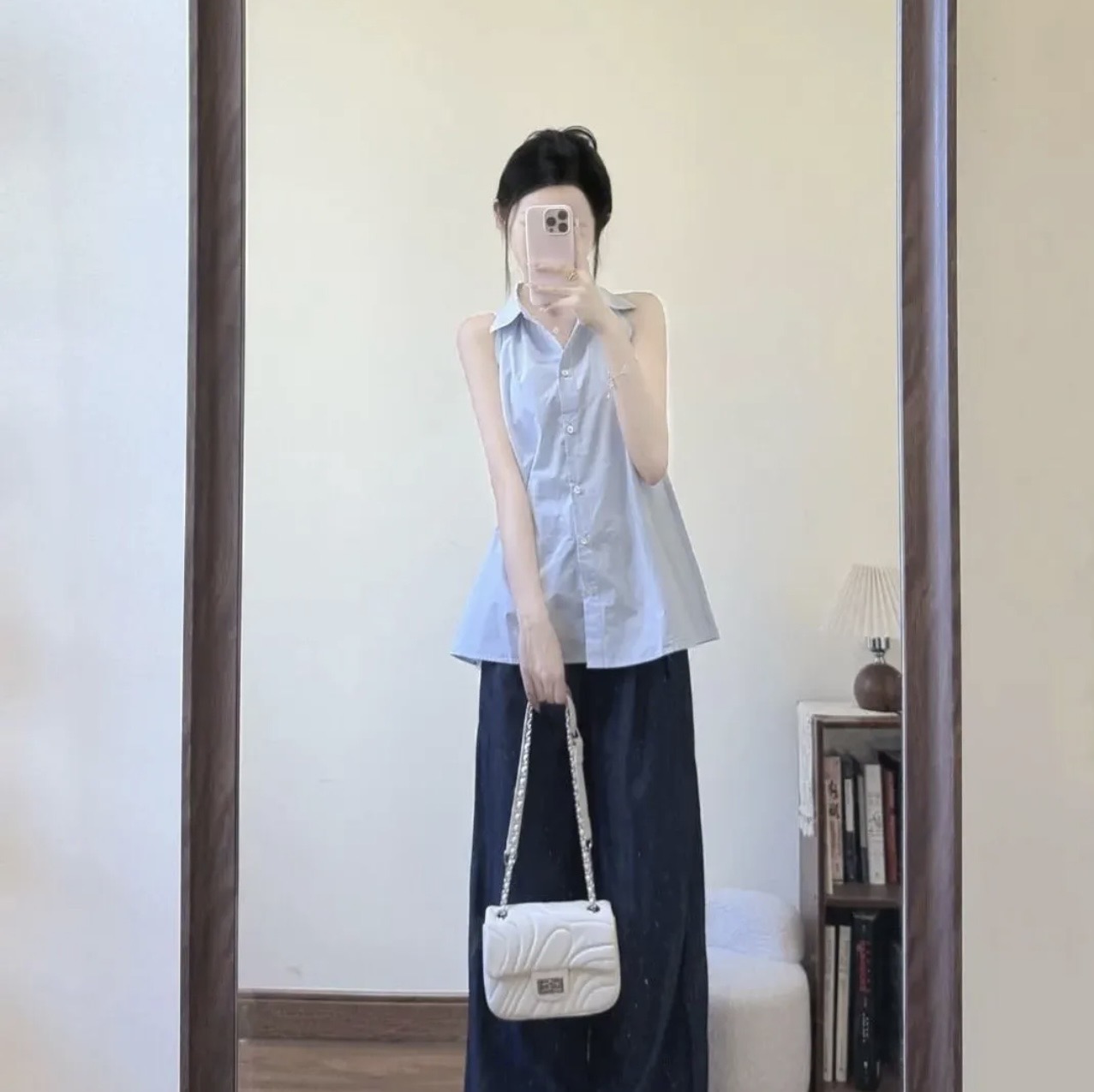 2026 여름 ootd 착용 가져 가라. POLO 칼라 파란색 민소매 허리 수축 여성 셔츠
