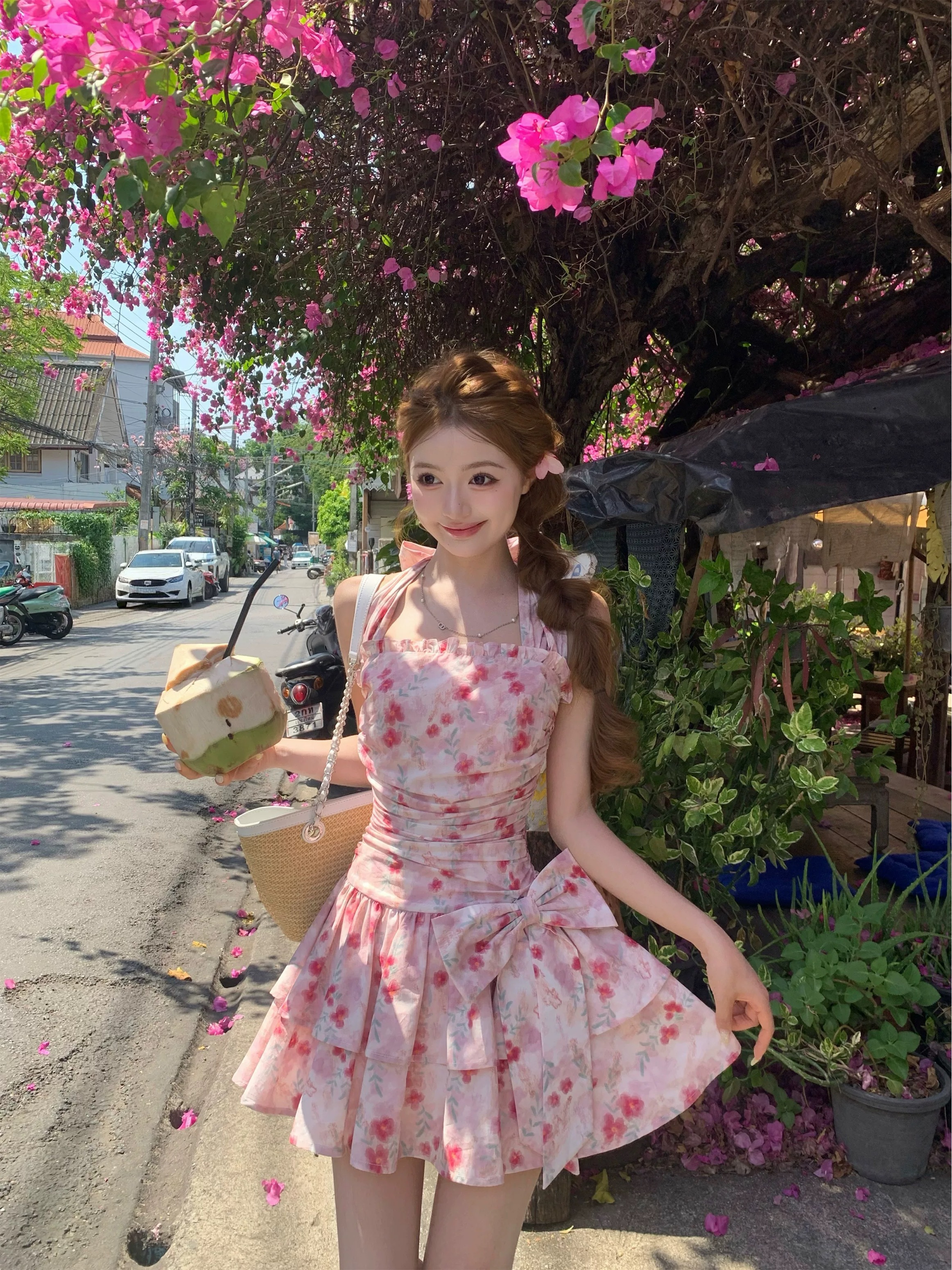 q 여자 집 4 7 꽃 봄날 노래 아름다운 큰 진자 금액 우산 진자 꽃무늬 레이스업 행침 목 드레스