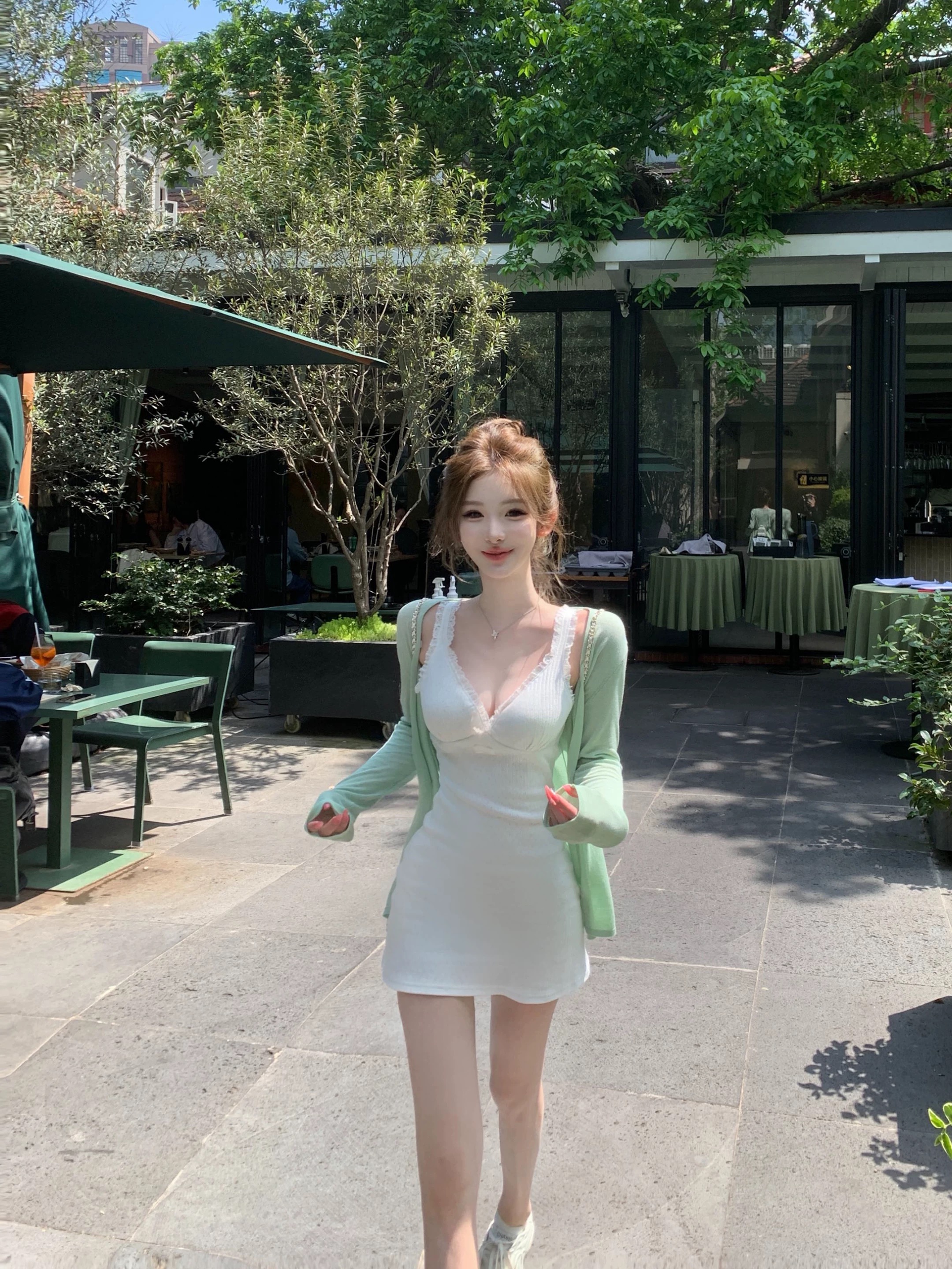 04 28 jmshopmiu 부서 교과서 자카드 구덩이 기사 니트 원피스 여성 V넥 레이스 캐미솔