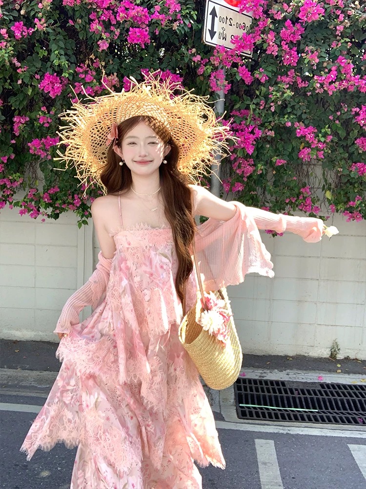 acaine 핑크색 롱 코트 무거운 작업 레이스 꽃무늬 슬립 케이크 여성 드레스 여름 프랑스식 품격 치마