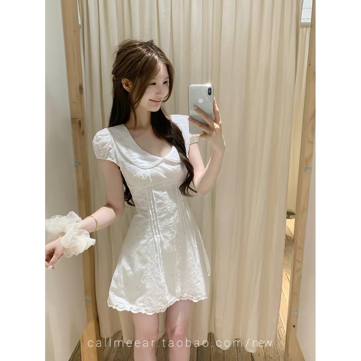 callmeear 화이트 모 녹색 치자 나무 베이비 칼라 거품 소매 드레스 여름 허리 수축 슬림해 보이는 A라인 스커트