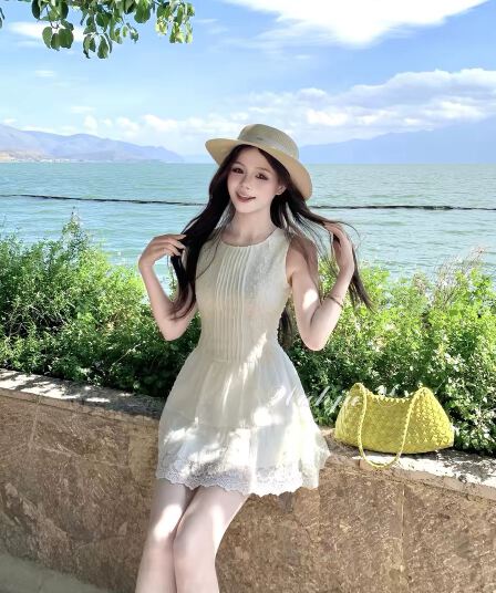 회화 솔루션 wahju 백색 이슬 부드러운 실 여름 프랑스식 순수한 욕망 레이스 조각 허리 수축 슬림해 보이는 민소매 한 마디 드레스