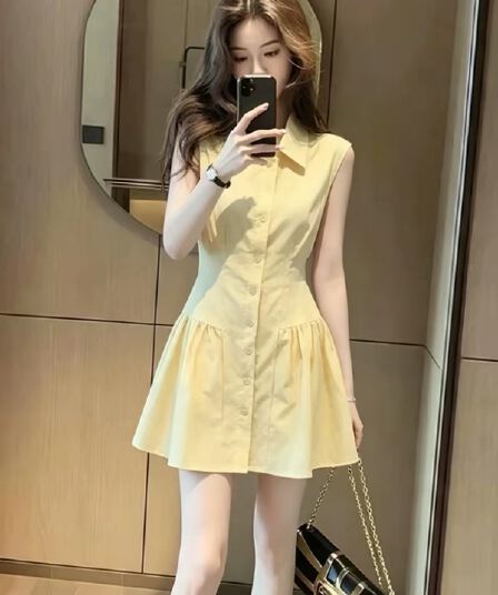 프랑스식 부드러운 황색 POLO 칼라 허리 수축 여성 드레스 여름 민소매 디자인 센스 연령 감소 작은 키 조끼 미니 스커트