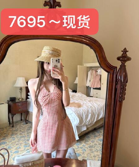 jmshop 도트 무늬 효과 프랑스식 레트로 도트 무늬 프린트 행침 목 치마 여성 백리스 허리 수축 쉬폰 드레스