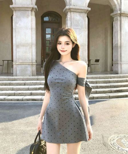 회화 솔루션 wahju 여름 허리 수축 슬림해 보이는 도트 무늬 비스듬한 어깨 여성 드레스