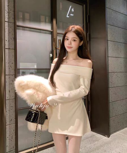 회화 솔루션 wahju 눈 플러시 향기로운 백주 가을 오프숄더 긴팔 꼬집기 허리 슬림해 보이는 화이트 드레스