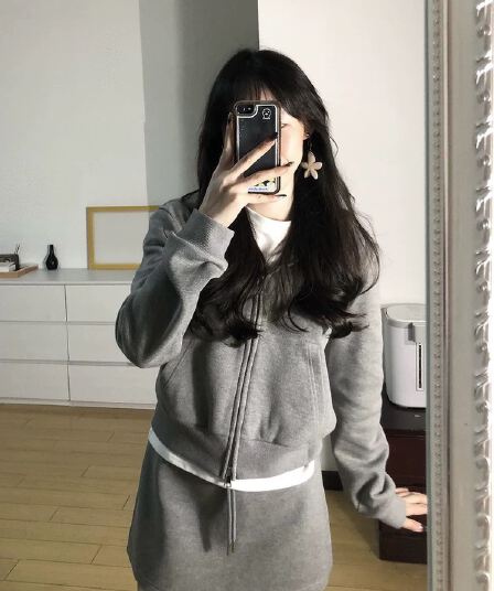 아메리칸 레트로 회색 후드티 후드 재킷 반 스커트 투피스 세트 루즈핏 슬림해 보이는 캐주얼 스포츠 슈트 여성 가을