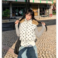 批发2026新款美式波点可拆卸帽子无袖棉马甲女休闲毛领可拆叠穿外套