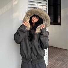 批发派克服短款羽绒棉服女仿兔毛大毛领连帽棉衣2025冬外套美式复古