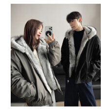 批发美式狼王仿貂毛连帽棉服男<b class='q'>女</b>冬季加绒座山雕棉衣大毛领情侣厚外套