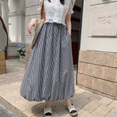 批发复古格子花苞半身<b class='q'>裙</b>女夏小个子高腰显瘦垂感中长款a字<b class='q'>灯笼</b>蓬蓬<b class='q'>裙</b>