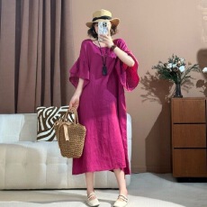 批发2025棉麻新款荷叶<b class='q'>亚麻</b>前后两穿连衣裙女装大码显瘦宽松复古中<b class='q'>长裙</b>