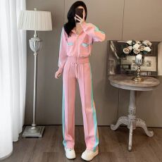 批发秋季休闲<b class='q'>运动</b>套装女2025新款洋气粉色减龄连帽撞色直筒裤两件套潮