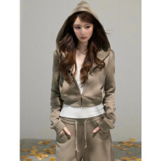 批发320g<b class='q'>纯棉</b>华棉内里同色原版面料原版做工连帽短款长袖长裤套装女秋