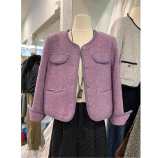 批发紫色小香风外套女<b class='q'>短款</b>2025冬季新款气质名媛小个子毛呢西装上衣潮