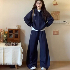 批发新款休闲运动套装春秋显瘦连帽韩版宽松拉链开衫长裤卫衣两件套装