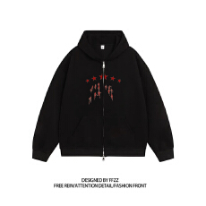 批发双头拉链韩版薄款加绒连帽宽松印花卫衣开衫外套