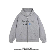 批发双头拉链韩版薄款加绒连帽宽松印花卫衣开衫外套