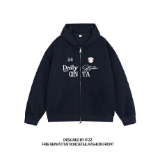 批发双头拉链韩版薄款加绒连帽宽松印花卫衣开衫外套