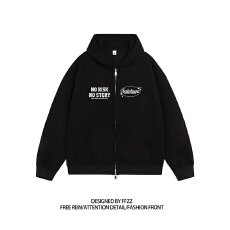 批发双头拉链韩版薄款加绒连帽宽松印花卫衣开衫外套