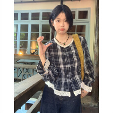 批发】韩系<b class='q'>蕾丝</b>花边拼接格子<b class='q'>衬衫</b>女装百搭小衫上衣