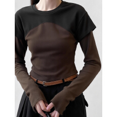 欧货拼色假两件修身显瘦T恤女长袖2025秋冬新款小众打底衫上衣女