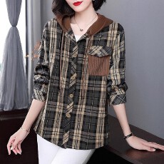 含棉格子衬衫外套女春秋2025年大码宽松中年妈妈休闲百搭连帽上衣