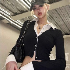 批发黑白撞色短款<b class='q'>衬衫</b>假两件针织开衫长袖修身上衣女秋