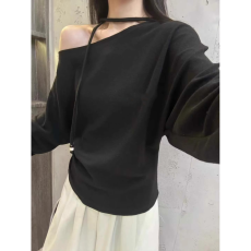 批发【徳绒1*1】秋冬飘带挂脖斜领<b class='q'>露肩</b>百搭显瘦纯色长袖<b class='q'>T</b><b class='q'>恤</b>上衣