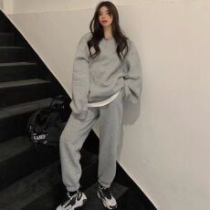 批发<b class='q'>韩国</b>东大门秋冬女装薄款加绒保暖字母印花慵懒风<b class='q'>卫衣</b>裤子套装