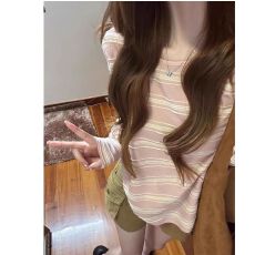 批发慵懒风<b class='q'>夏</b>季罩衫粉色条纹宽松长袖T恤