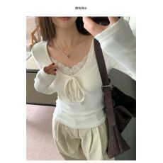 批发韩系绑带蕾丝花边<b class='q'>v领</b>内搭秋冬单穿设计<b class='q'>t</b><b class='q'>恤</b>上衣
