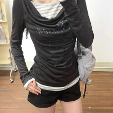 批发【原版做法假两件韩系假两件天丝荡领印花收腰显瘦长袖T恤<b class='q'>罩衫</b>女