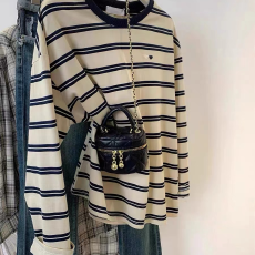 批发撞色条纹2025春秋新款长袖<b class='q'>t</b><b class='q'>恤</b>女刺绣百搭打底衫上衣女