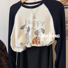 批发趣味漫画 happy两只小狗插肩袖磨毛<b class='q'>t</b><b class='q'>恤</b>女韩系卡通休闲上衣