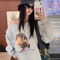 美式复古印花斜肩卫衣女秋冬宽松上衣