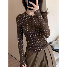 批发人棉磨毛辣妹碎花半开领正肩长袖t恤女秋冬紧身<b class='q'>修身</b>内搭打底上衣