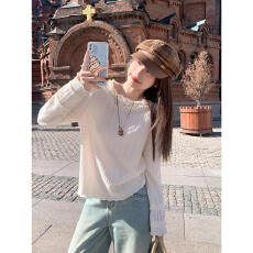 批发（广州面料）秋冬上衣韩系巨好看花边<b class='q'>镂空</b>内搭单穿杏色长袖打底<b class='q'>衫</b>