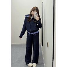 批发复古运动风套装女秋季撞色格子拼接连帽卫衣外套高腰卫<b class='q'>裤</b>两件套