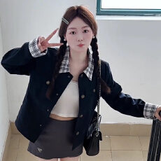 批发美式复古短款外套女2025新款春秋修身休闲翻领格纹拼接夹克上衣