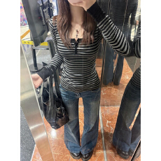 批发【色织德绒】<b class='q'>条纹</b>U型领口<b class='q'>T</b><b class='q'>恤</b>正肩显瘦性感辣妹上衣长袖内搭