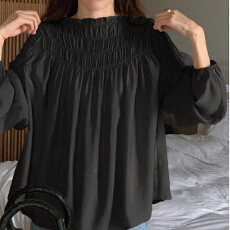 批发<b class='q'>韩国</b>chic甜美别致<b class='q'>雪纺衫</b>泡泡袖圆领女式秋季一字领褶皱设计衬衫