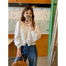 批发白色蕾丝花边长袖衬衫女2025秋季新款甜美风设计感泡泡袖短款上衣