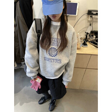 sanbara韩系2025冬季新款复古字母印花圆领长袖宽松加绒卫衣女潮